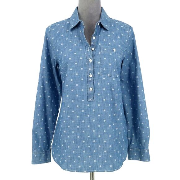 Tommy Hilfiger Top Womens Small Blue Polka Dot Boyfriend Fit Cotton Henley Shirt - Picture 1 of 13